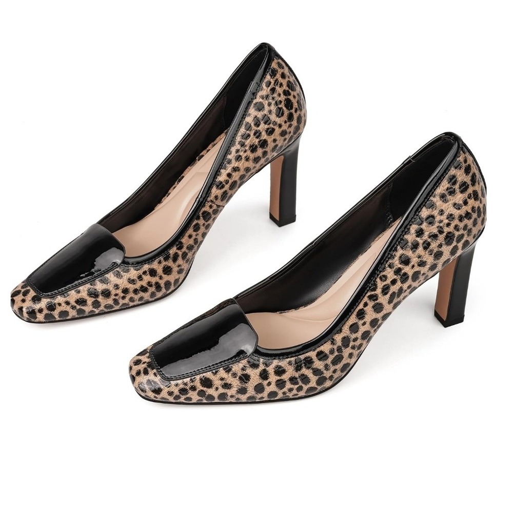 Clmhoe Pumps Women 11M Tan Leopard Print Square Toe Patent Glam 11 NWOT